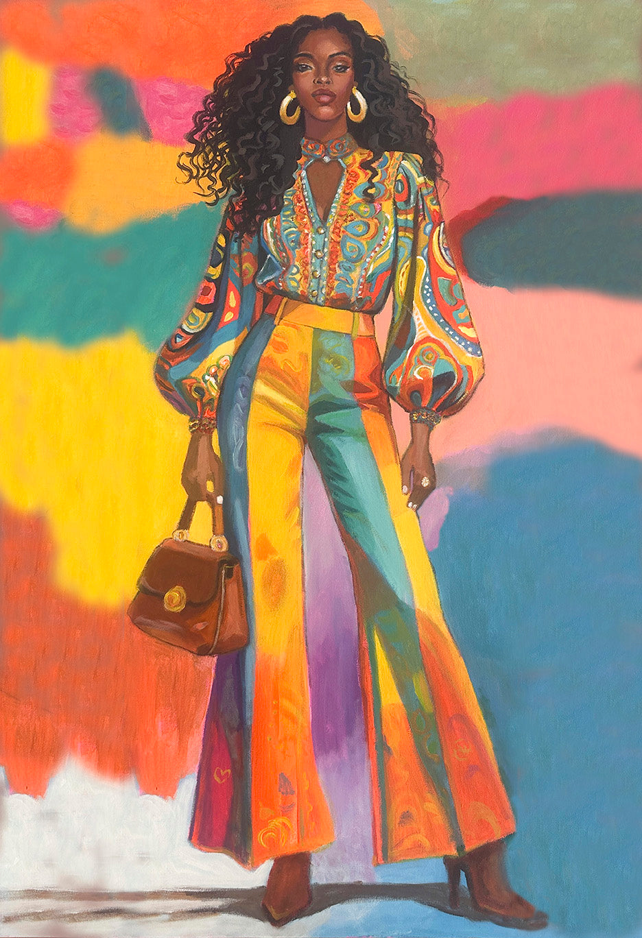 Woman in a colorful 1970s outfit with a vibrant, abstract background