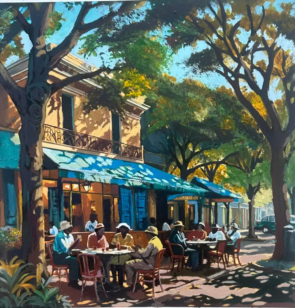 People drinking tea at a cafe's patio